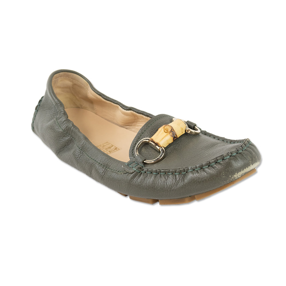 Gucci Olive Leather Bamboo Accent Driver Loafers