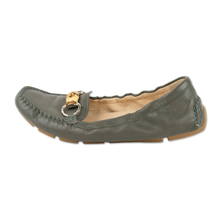 Gucci Olive Leather Bamboo Accent Driver Loafers