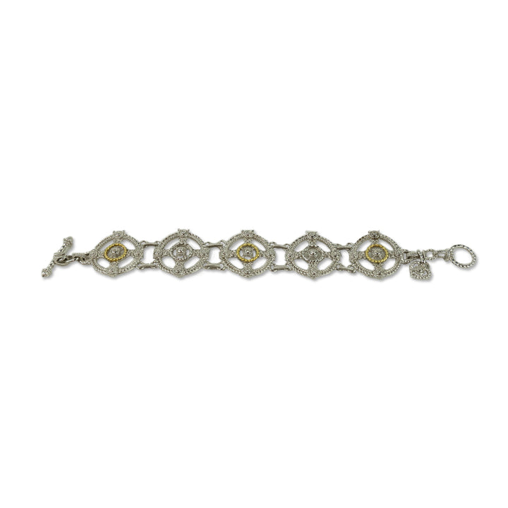 Judith Ripka Silver 18K Gold Diamond Charm Link Bracelet