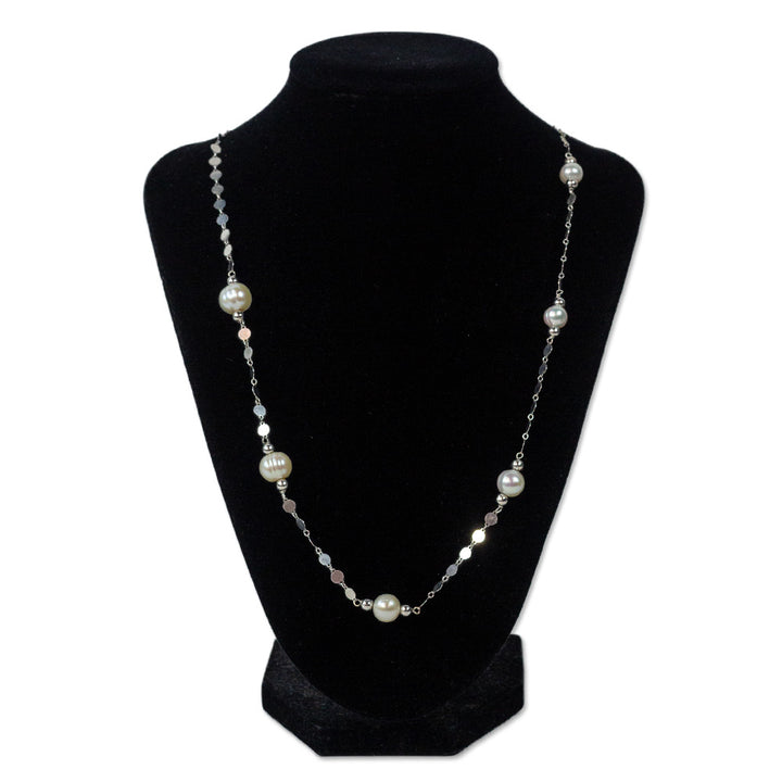 925 Sterling Silver Flat Disc Chain and Pearl Strand Necklace