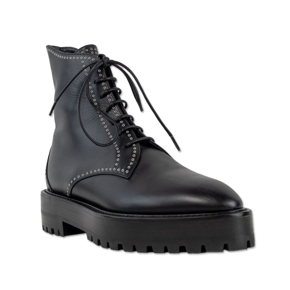 ALAÏA Black Leather Micro Oeillets Combat Boots