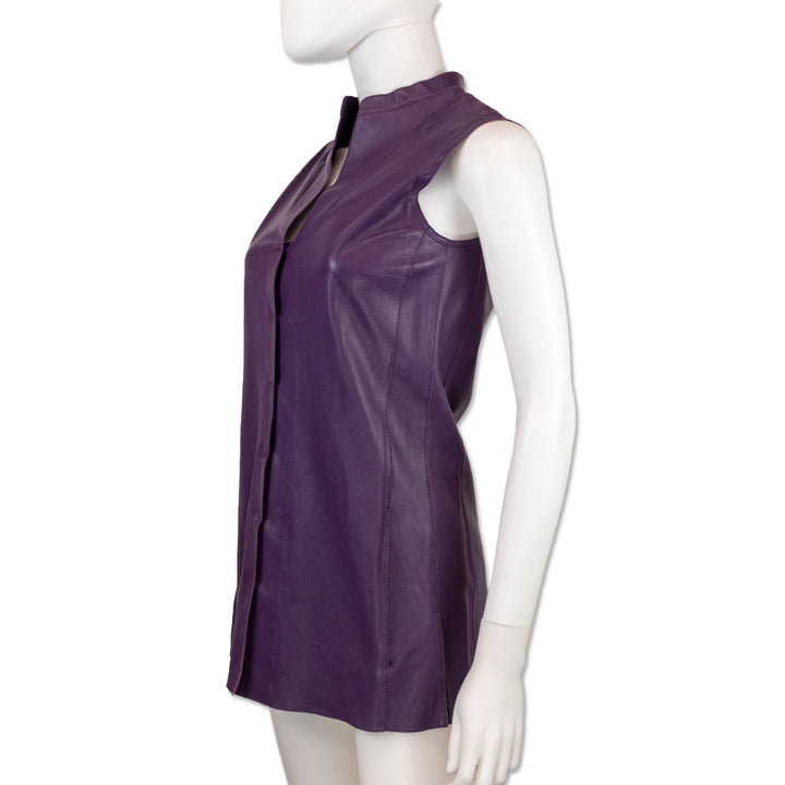 Akris Purple Leather Sleeveless Button-Up Top