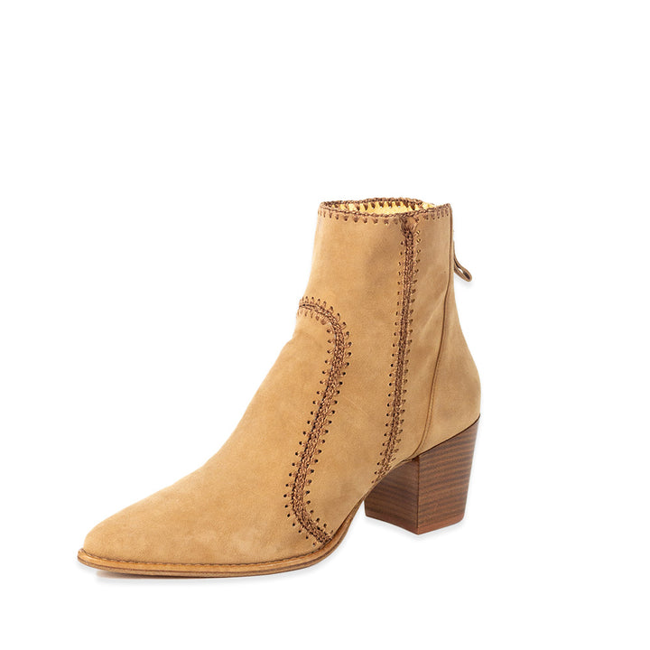 Alexander Birman Benta Embroidered Beige Suede Ankle Bootie 60