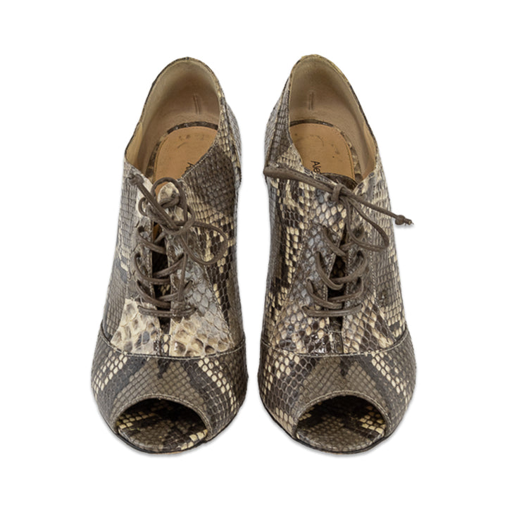 Alexandre Birman Beige Python Snakeskin Lace-Up Peep Toe Booties