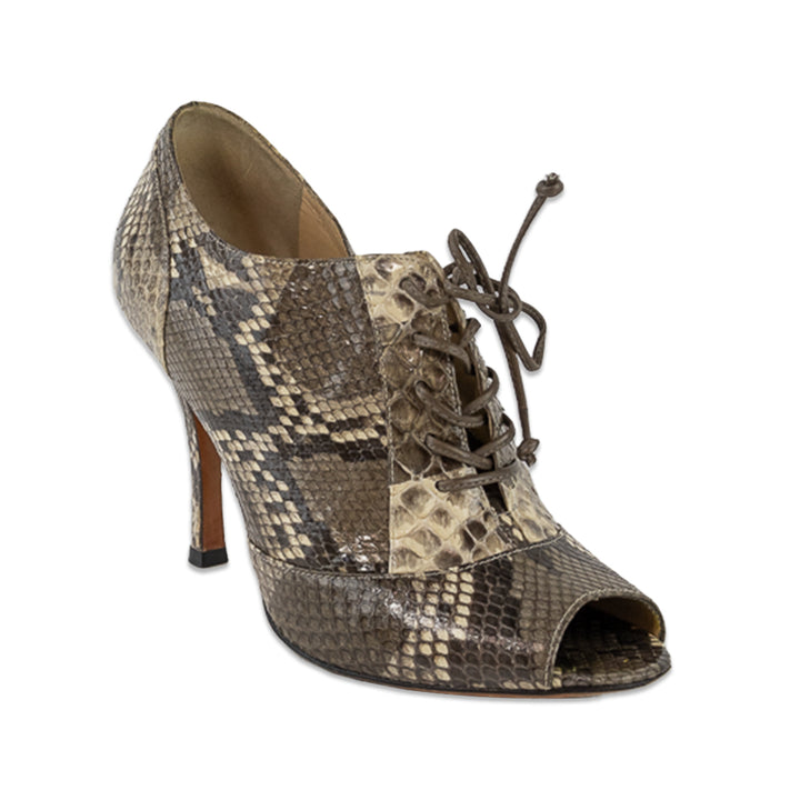 Alexandre Birman Beige Python Snakeskin Lace-Up Peep Toe Booties