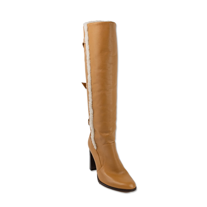 Alexandre Birman Tan Leather Knee High Boots with Shearling Trim