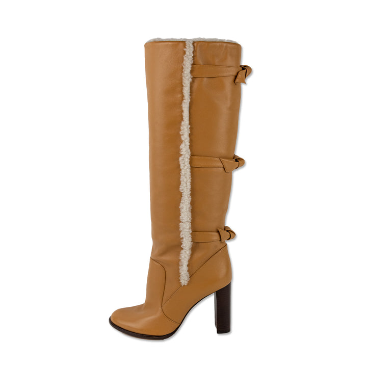 Alexandre Birman Tan Leather Knee High Boots with Shearling Trim