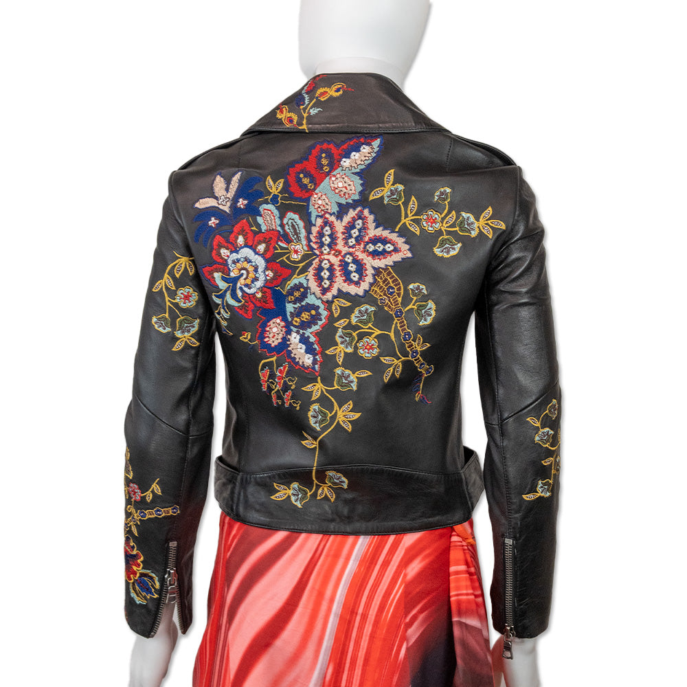 Alice + Olivia Floral Embroidered Black Leather Moto Jacket