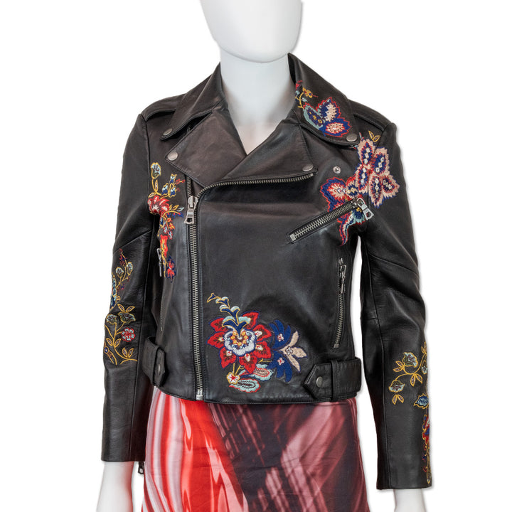 Alice + Olivia Floral Embroidered Black Leather Moto Jacket