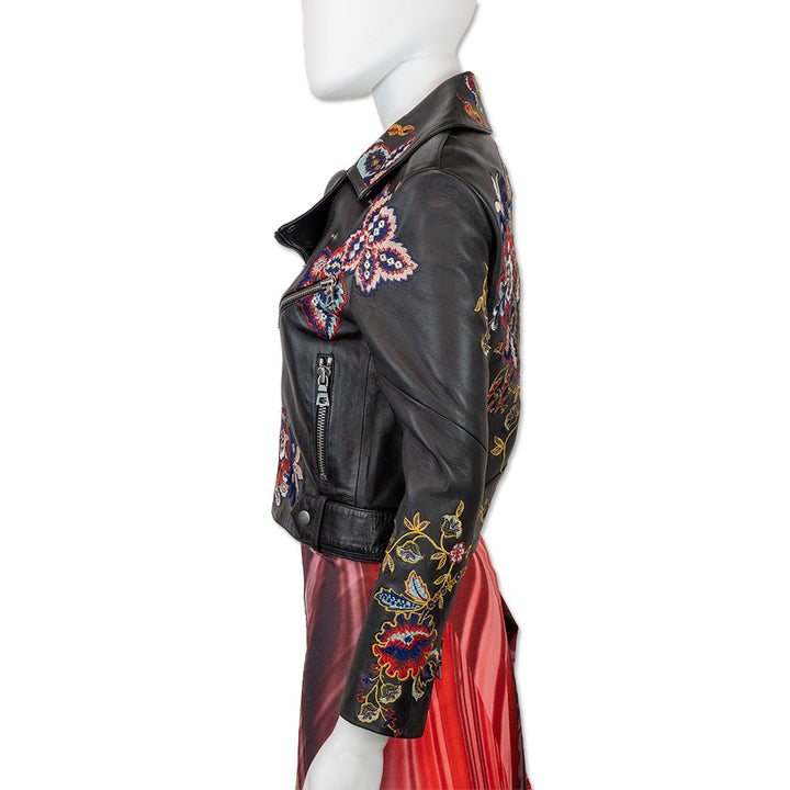 Alice + Olivia Floral Embroidered Black Leather Moto Jacket