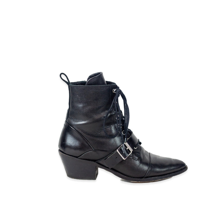 AllSaints Katy Black Leather Lace-Up Booties with Buckle