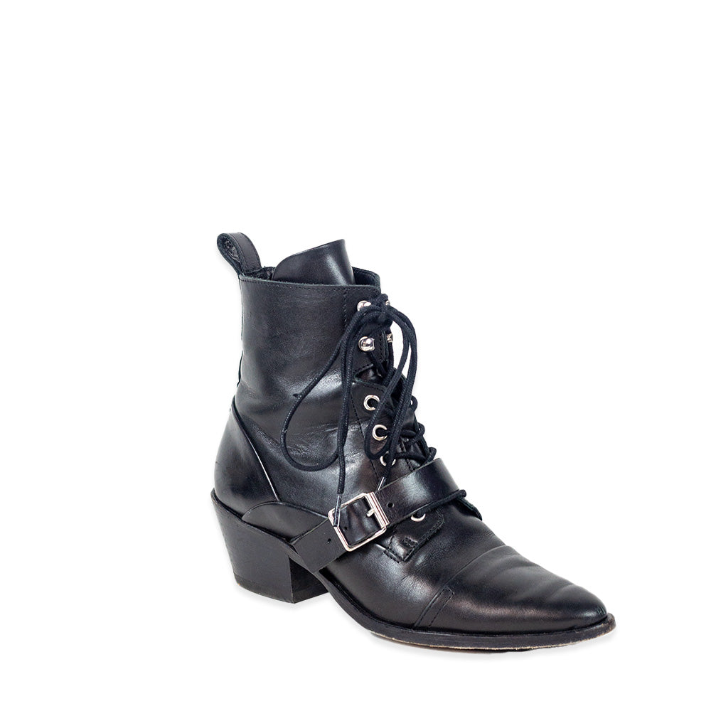 AllSaints Katy Black Leather Lace-Up Booties with Buckle