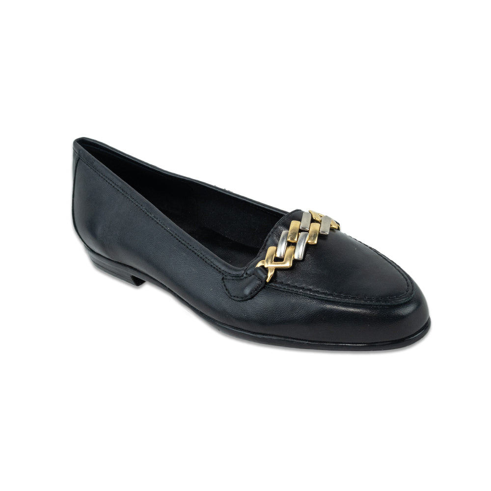 Amalfi by Rangoni Oste Black Calf Leather Loafers with Two-Tone Chain