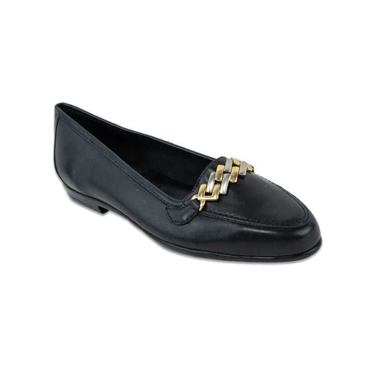 Amalfi by Rangoni Oste Black Calf Leather Loafers with Two-Tone Chain