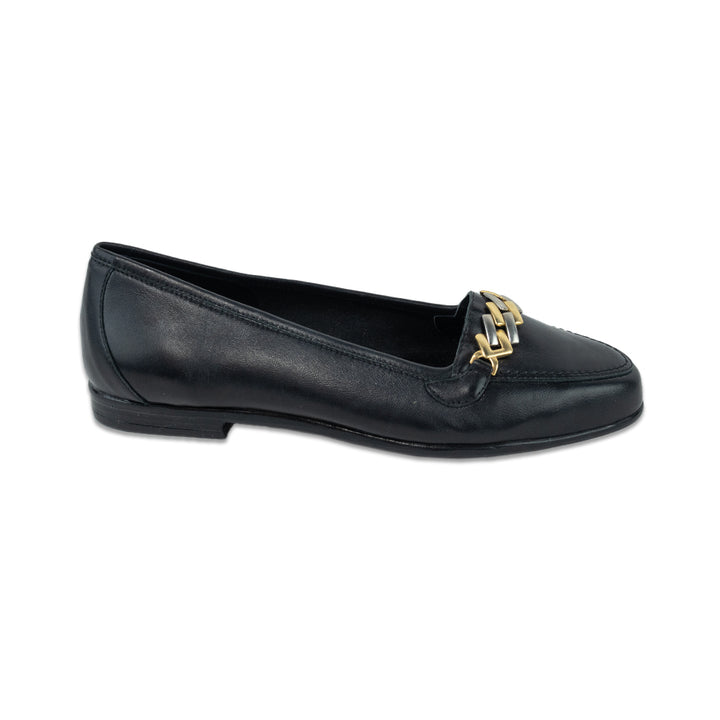 Amalfi by Rangoni Oste Black Calf Leather Loafers with Two-Tone Chain