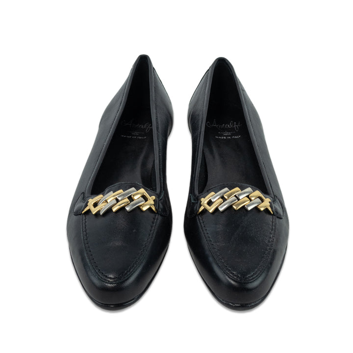 Amalfi by Rangoni Oste Black Calf Leather Loafers with Two-Tone Chain