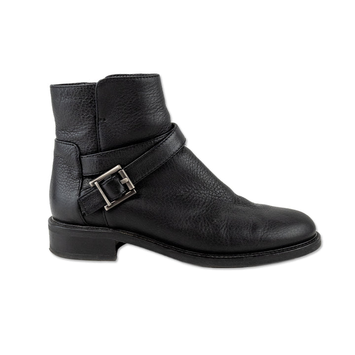 Aquatalia Black Leather Ankle Boots with Silver Buckle