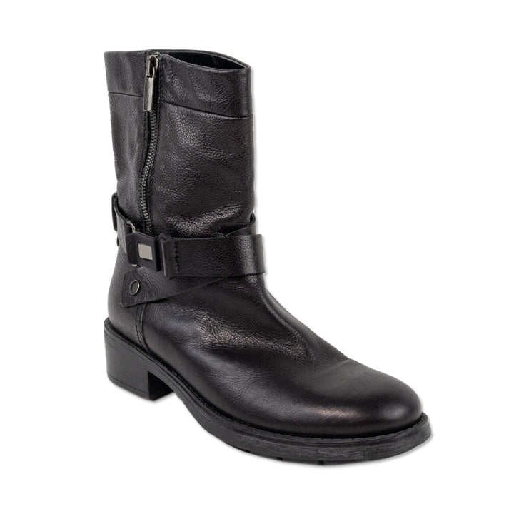 Aquatalia Black Leather Ankle Boots with Straps