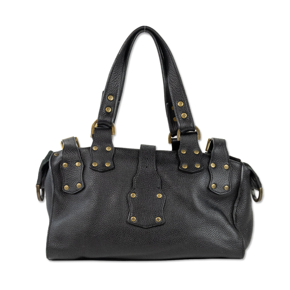 Mulberry Black Leather Shoulder Bag with Exterior Pockets and Brass Toned Hardware