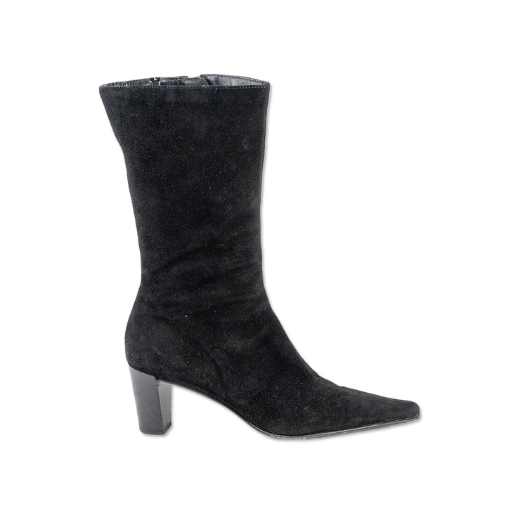 Aquatalia Black Suede Calf Pointed Toe Heeled Boots