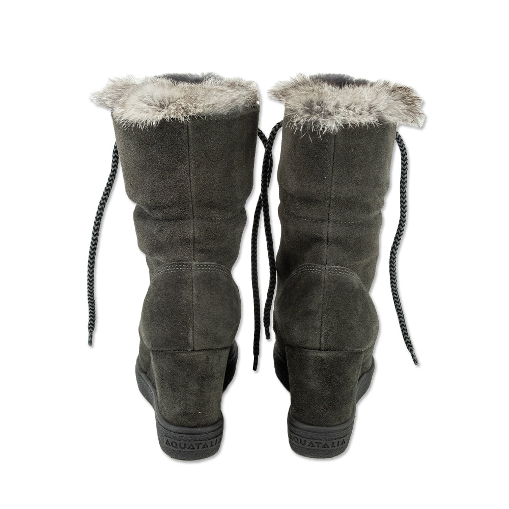 Aquatalia Cordelia Grey Suede Rabbit Fur Collar Wedge Boot