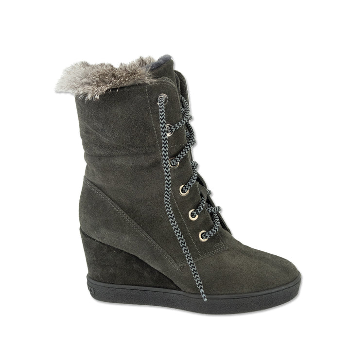 Aquatalia Cordelia Grey Suede Rabbit Fur Collar Wedge Boot