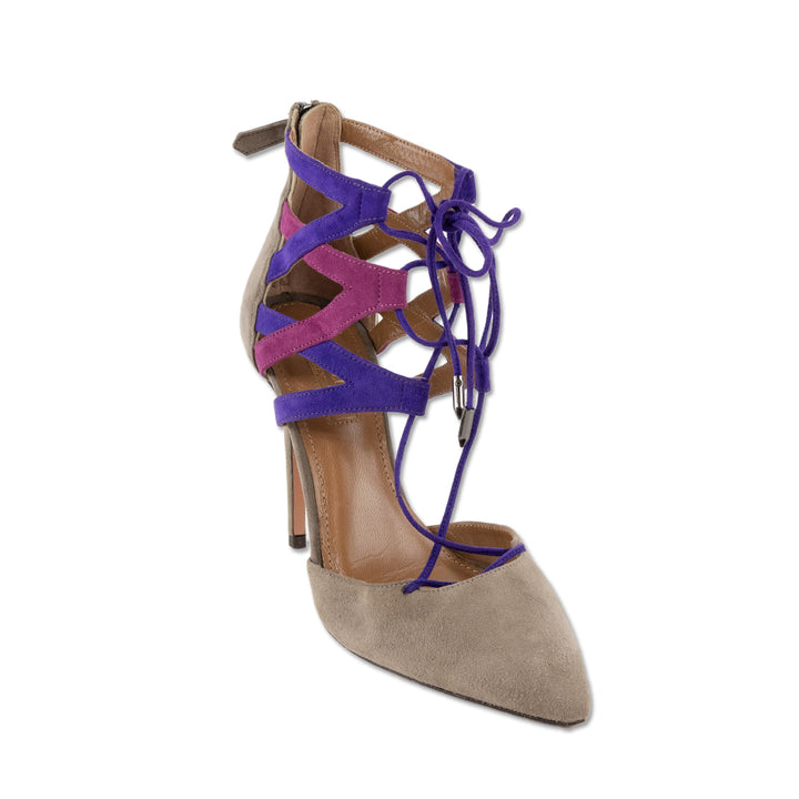 Aquazzura Gray Suede Purple Lace Up Pump