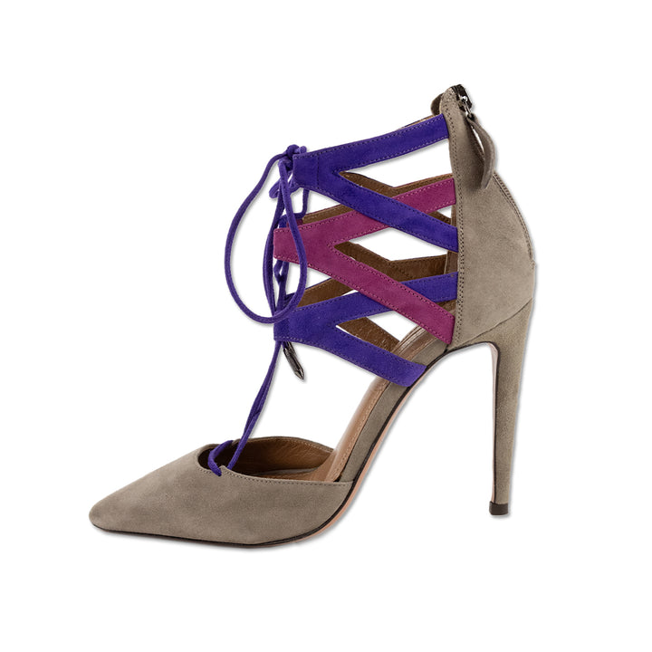 Aquazzura Gray Suede Purple Lace Up Pump