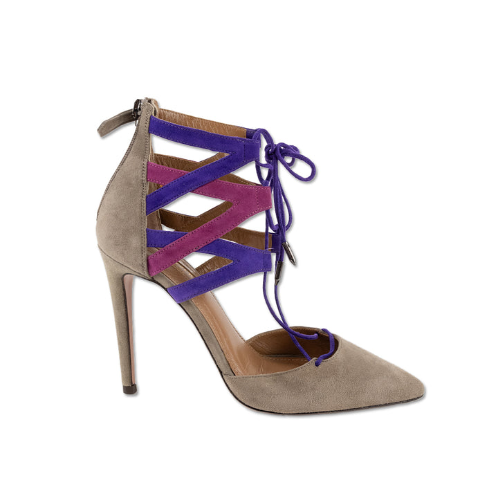 Aquazzura Gray Suede Purple Lace Up Pump