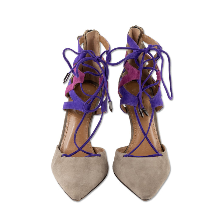 Aquazzura Gray Suede Purple Lace Up Pump