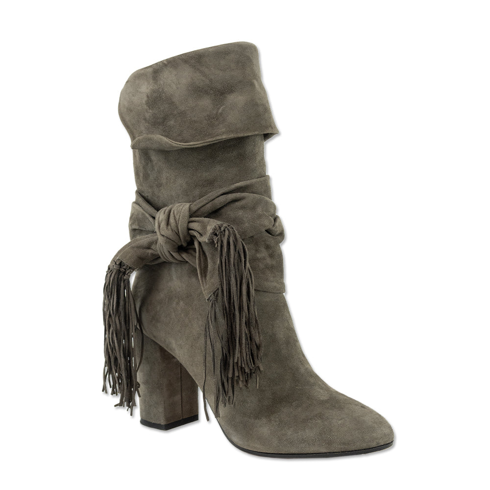 Aquazzura Grey Suede Bow Fringe Mid-Calf Boots