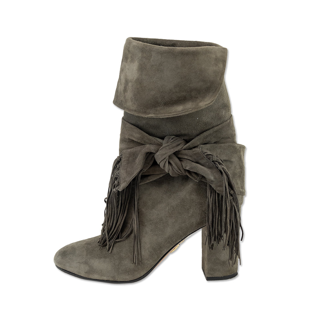 Aquazzura Grey Suede Bow Fringe Mid-Calf Boots