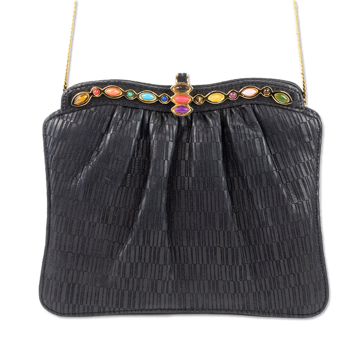 Ashneil Black Leather Jeweled Frame Clutch