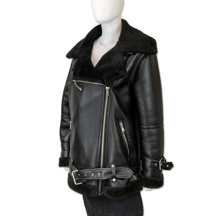 Avec Les Filles Black Faux Shearling Leather Biker Jacket