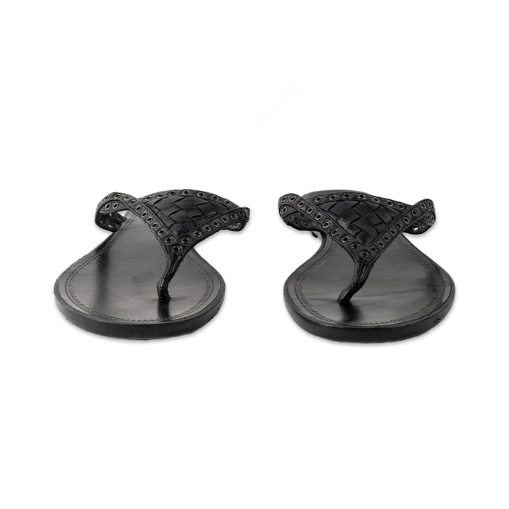 Bottega Veneta Black Leather Woven Thong Sandal