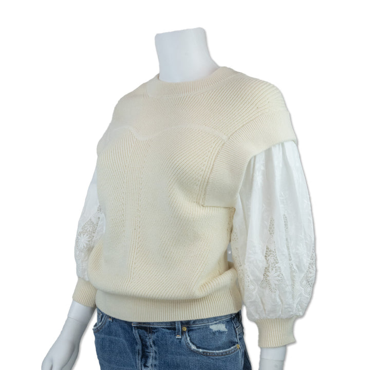 Ba&sh Cream Knit Top with Lace Bell Sleeves