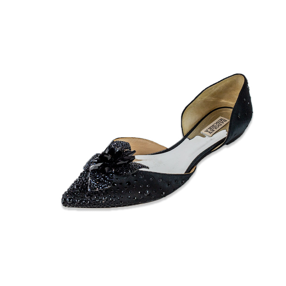 Badgley Mischka Haddie Black Satin Crystal Flower D'Orsay Flats