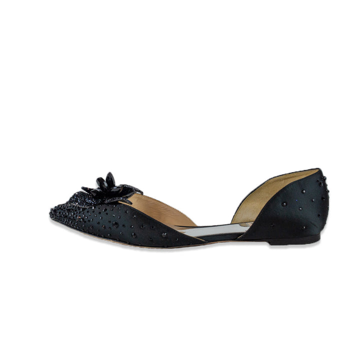 Badgley Mischka Haddie Black Satin Crystal Flower D'Orsay Flats