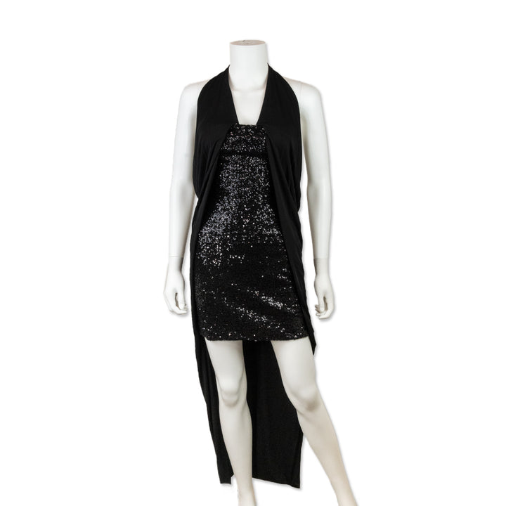 Balmain Black Halter Neck Cape Sequin Dress