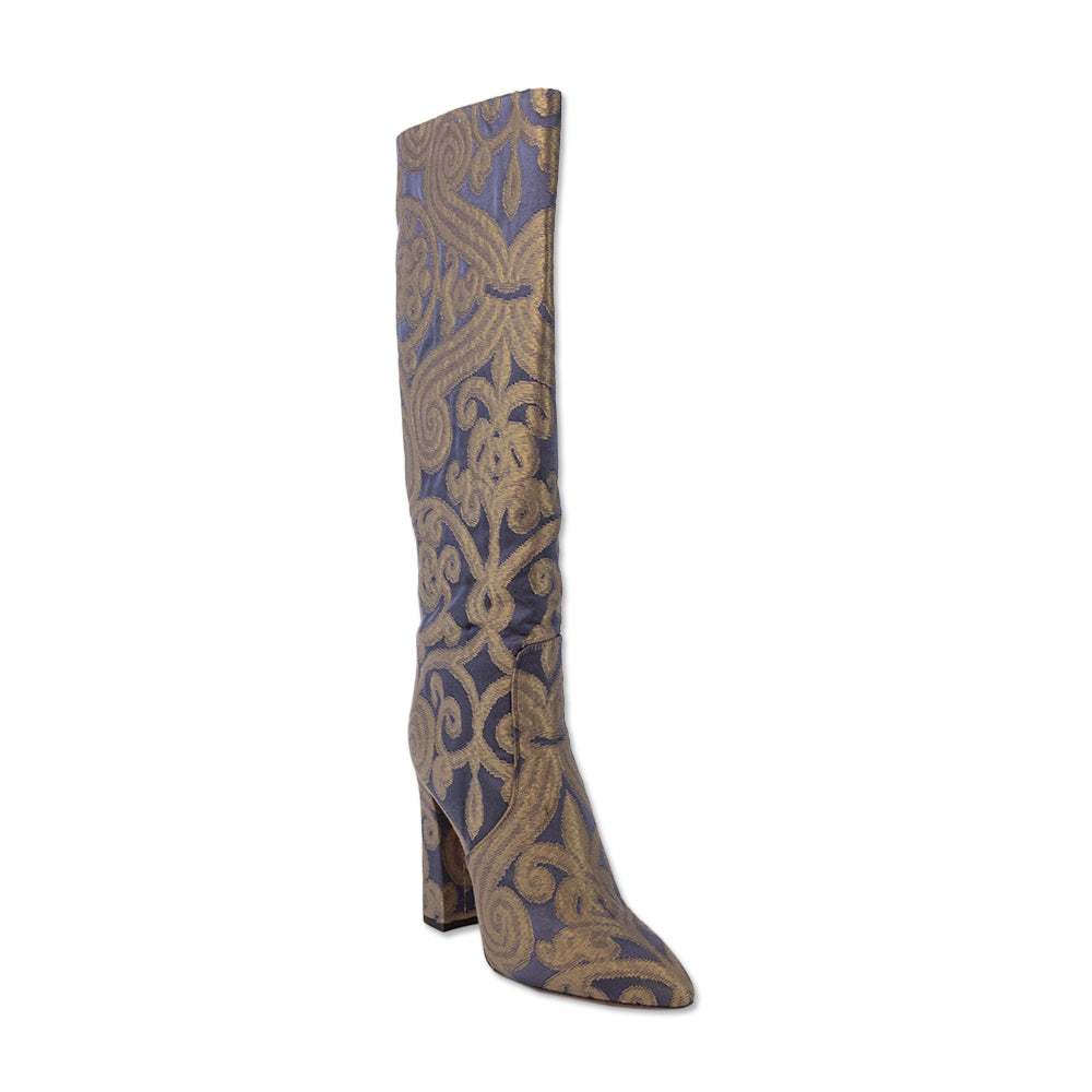 Santoni Purple Metallic Gold Brocade Knee High Boots