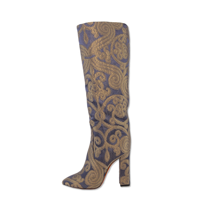 Santoni Purple Metallic Gold Brocade Knee High Boots