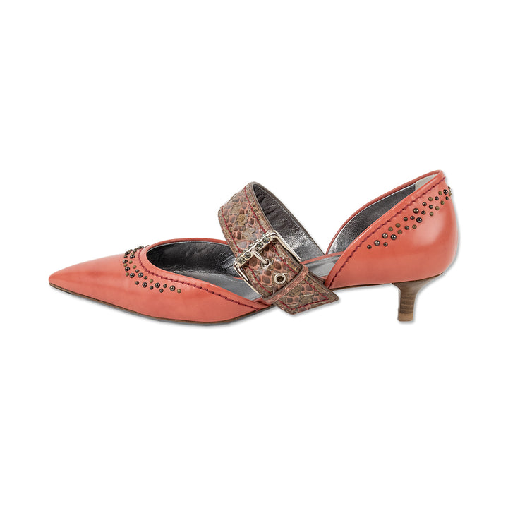 Bottega Veneta Pink Studded Kitten Heels with Snake Skin Strap