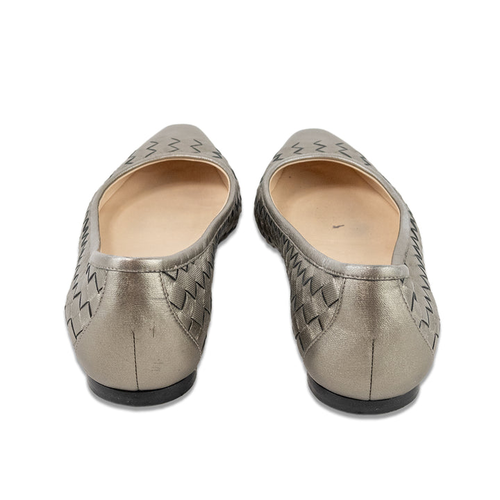 Bottega Veneta Silver Intrecciato Weave Leather Ballet Flats