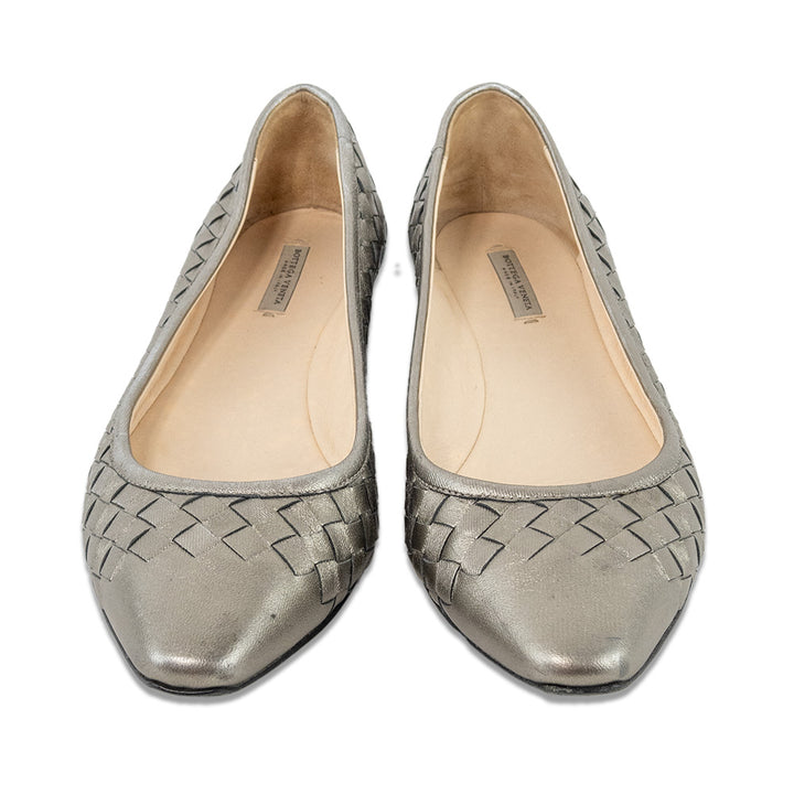 Bottega Veneta Silver Intrecciato Weave Leather Ballet Flats