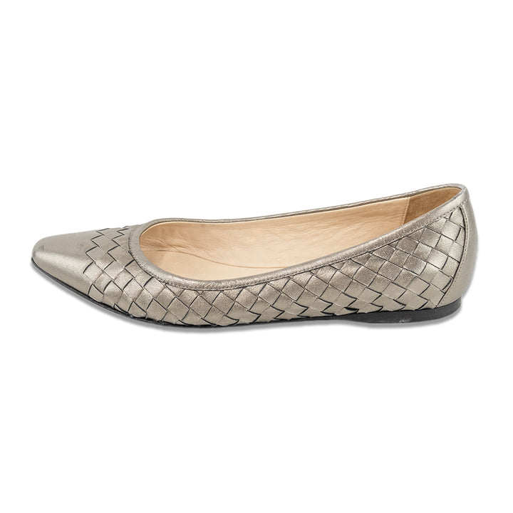 Bottega Veneta Silver Intrecciato Weave Leather Ballet Flats