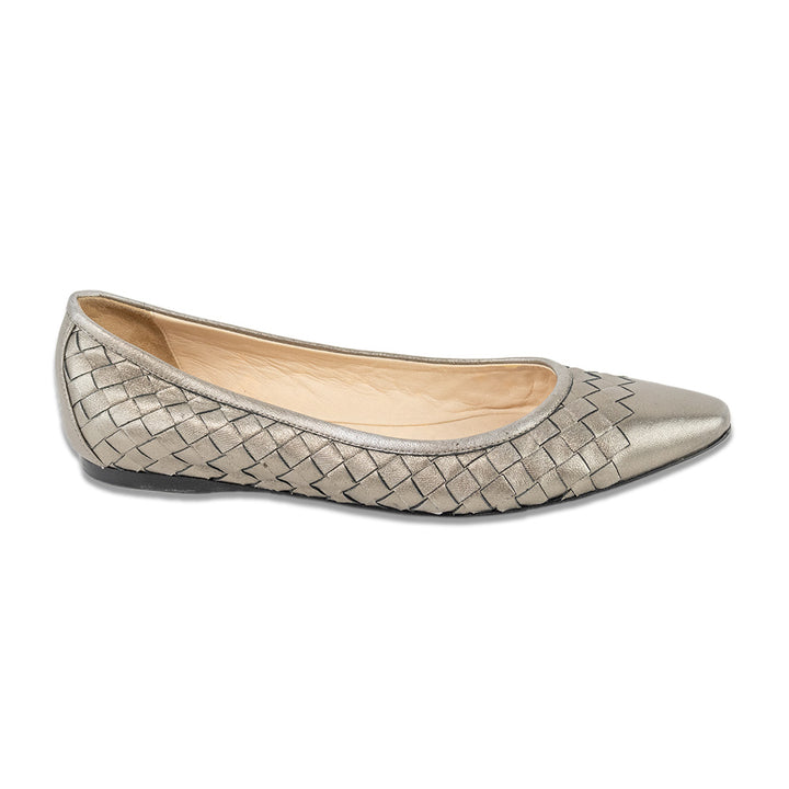 Bottega Veneta Silver Intrecciato Weave Leather Ballet Flats