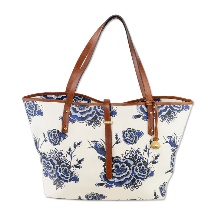 Brahmin White Coated Canvas Blue Delft Pattern All Day Tote