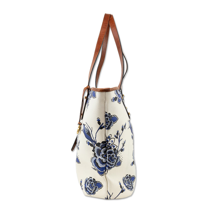 Brahmin White Coated Canvas Blue Delft Pattern All Day Tote