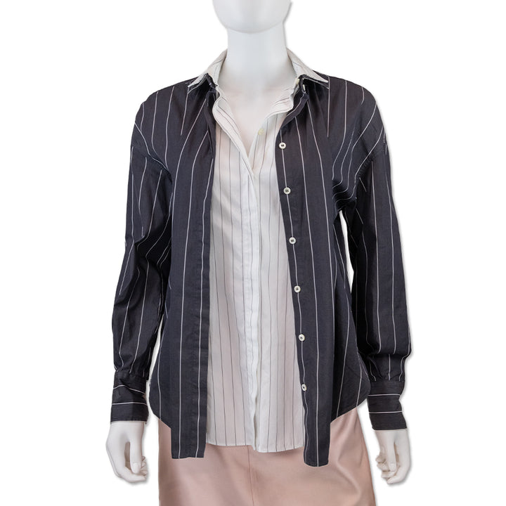 Brunello Cucinelli Black Pinstripe Double Collar Button-Up