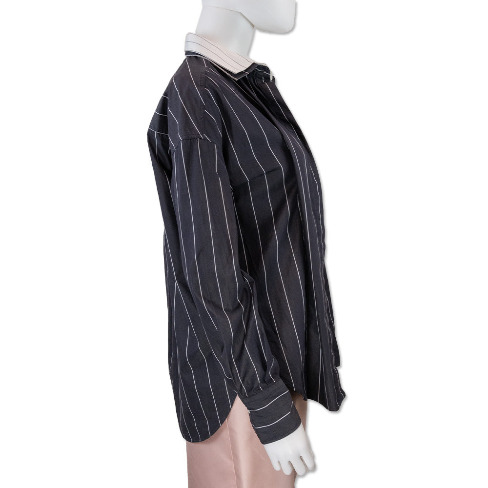 Brunello Cucinelli Black Pinstripe Double Collar Button-Up